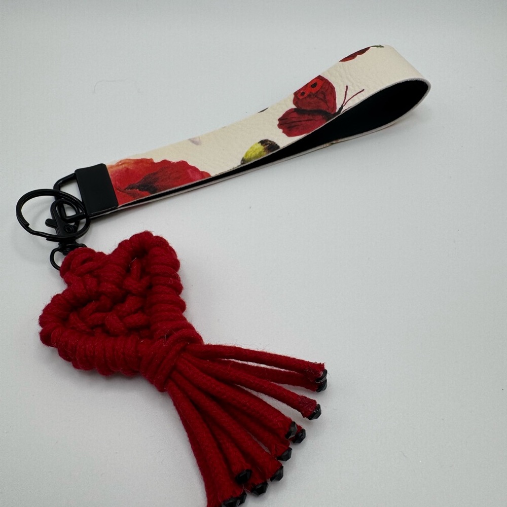 Red and Cream Floral Wristlet Keychain with Heart tassel
